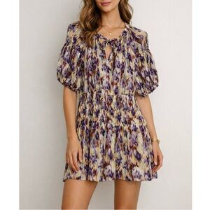 Tanya Taylor Valentina Smocked Puff Sleeve Ikat Tie Dye Tie Neck Mini Dress 10